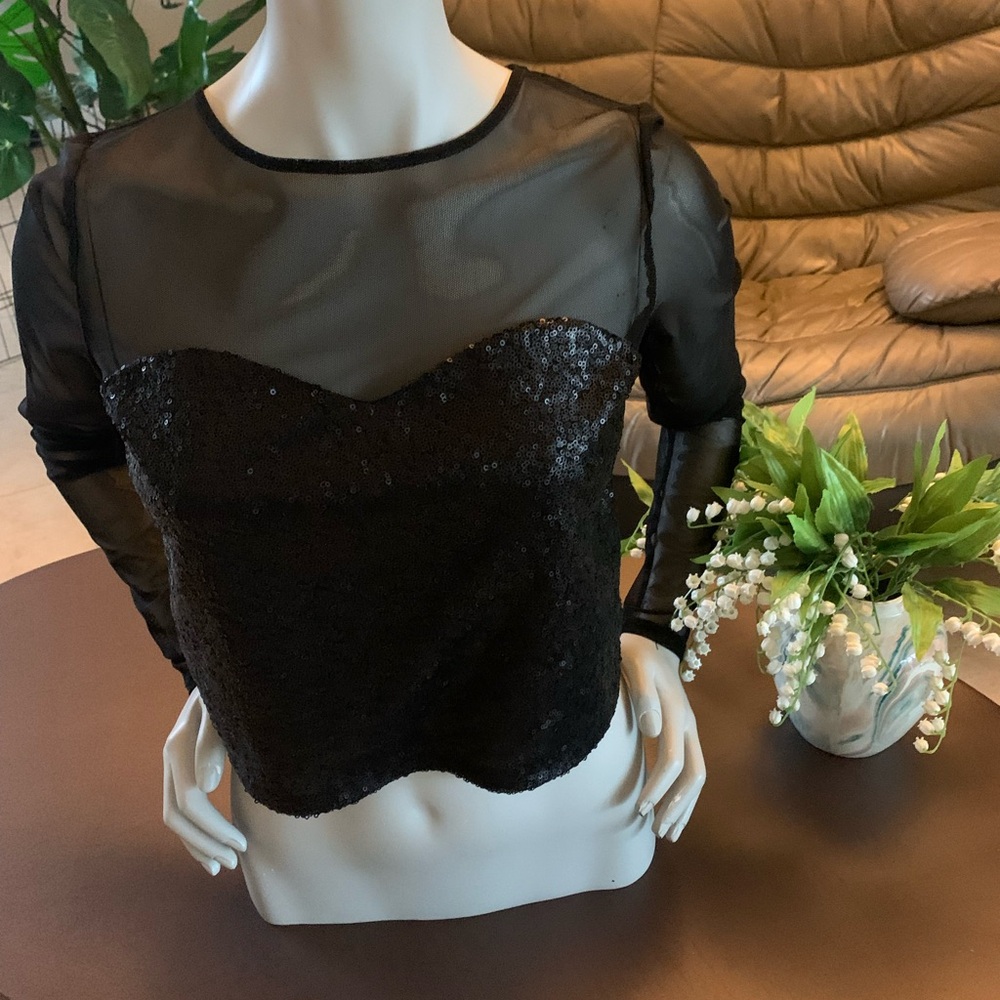 BCBG Black Sequin Sheer Blouse